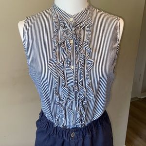 DKNY city blue pinstriped ruffled shirt